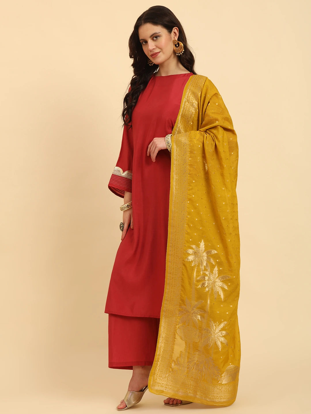 Rust Silk Flared Sleeves Kurta With Palazzo Banarasi Dupatta Set