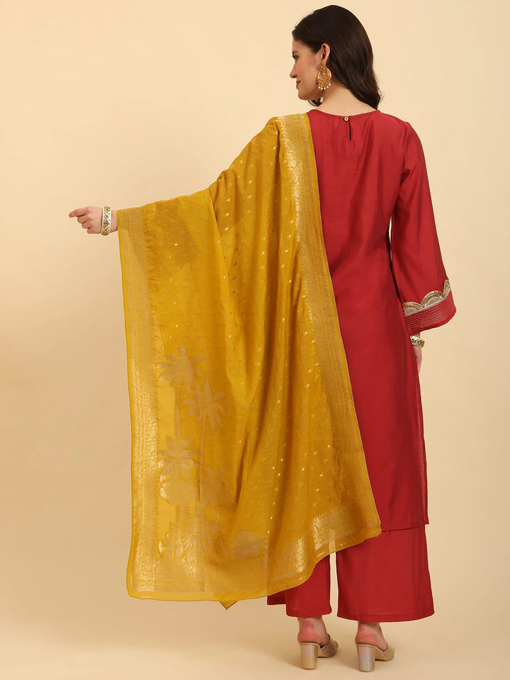 Rust Silk Flared Sleeves Kurta With Palazzo Banarasi Dupatta Set