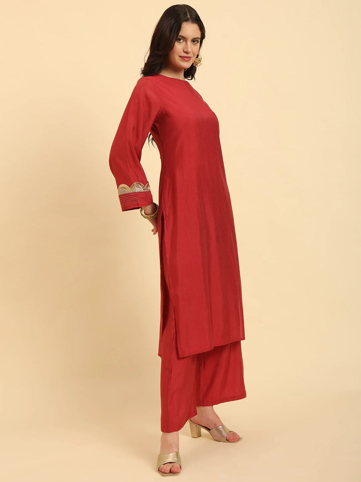 Rust Silk Flared Sleeves Kurta With Palazzo Banarasi Dupatta Set