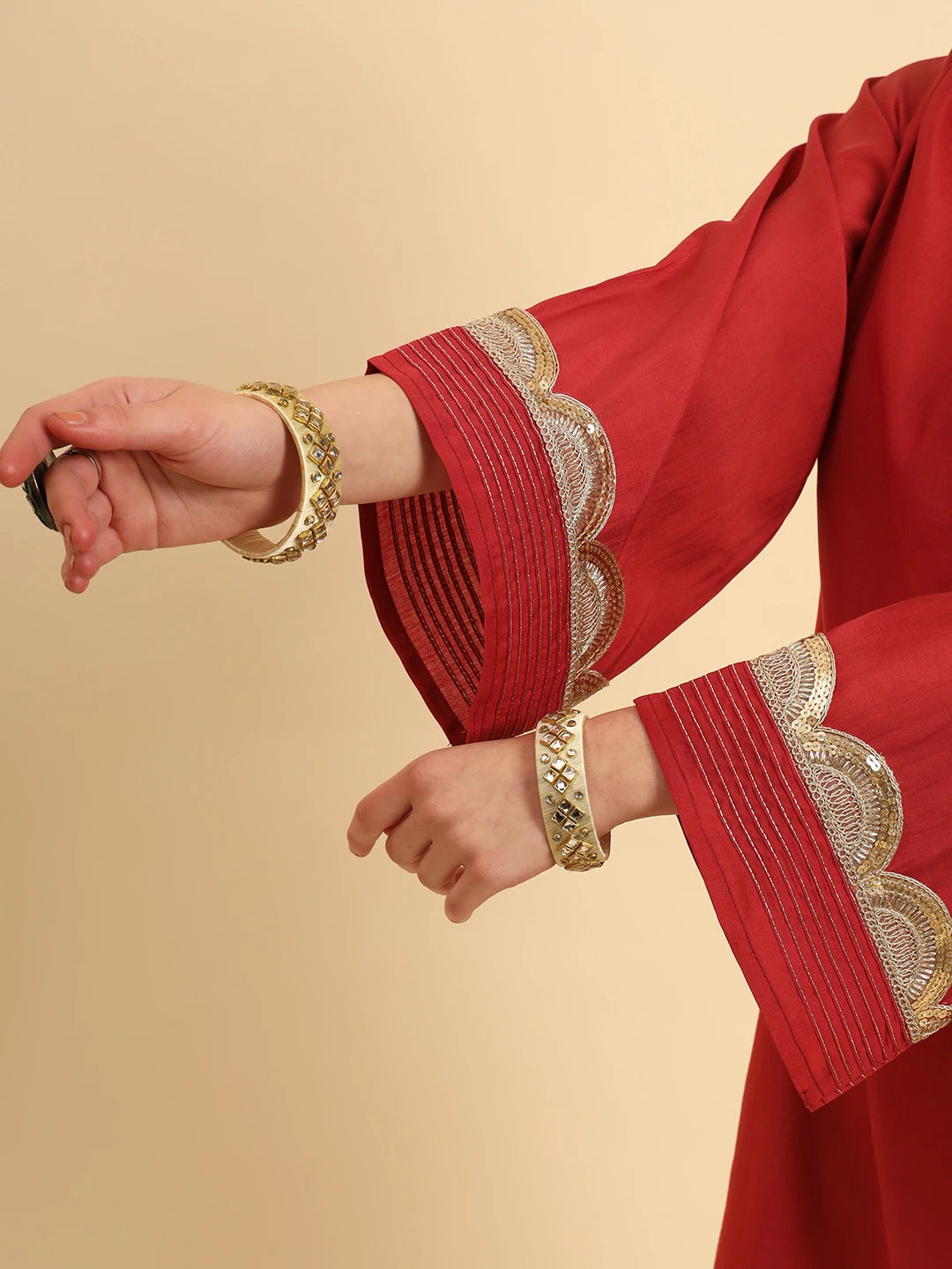 Rust Silk Flared Sleeves Kurta With Palazzo Banarasi Dupatta Set