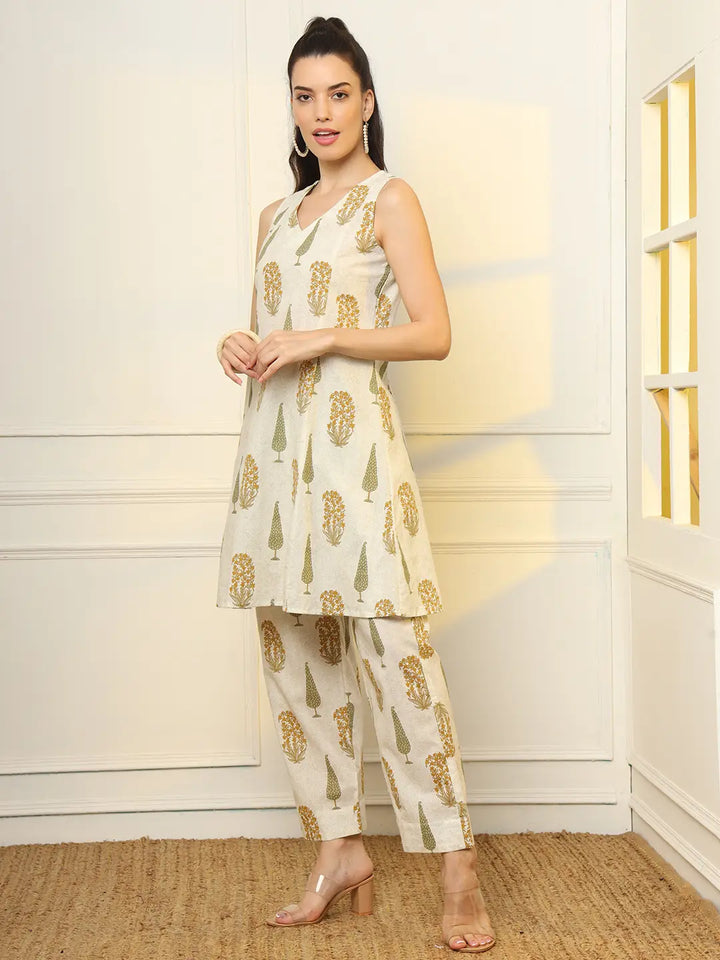 Mustard And Off White Ethnic Motifs Cotton Top And Trouser Co-Ord Set