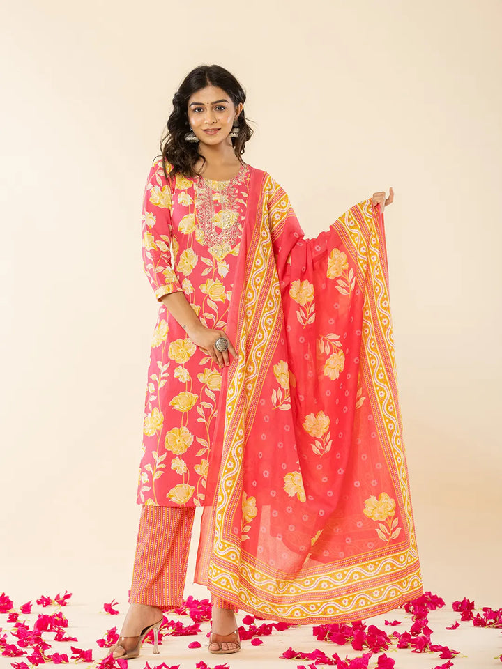 Pink Cotton Sequins_Work Straight Kurta Dupatta Pant Set