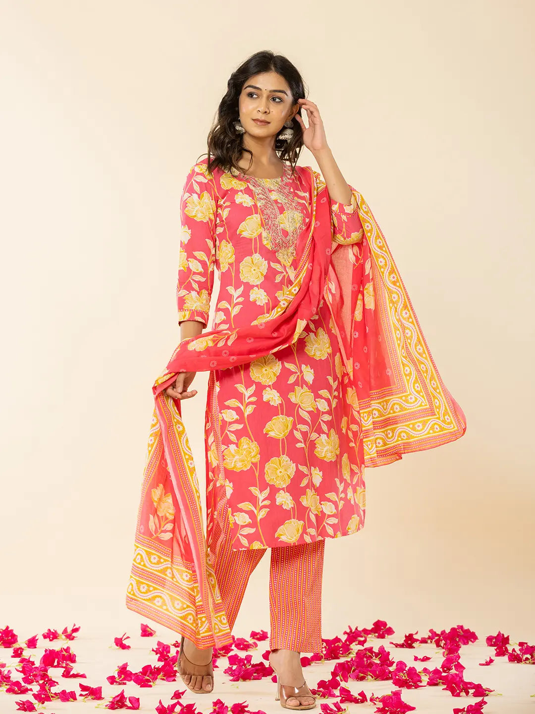 Pink Cotton Sequins_Work Straight Kurta Dupatta Pant Set