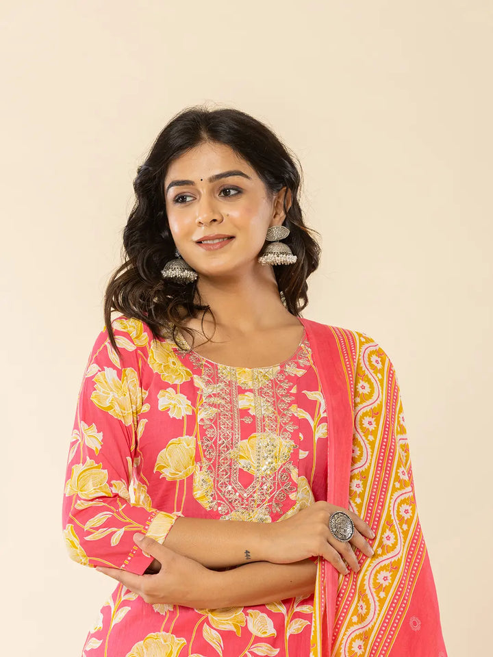 Pink Cotton Sequins_Work Straight Kurta Dupatta Pant Set