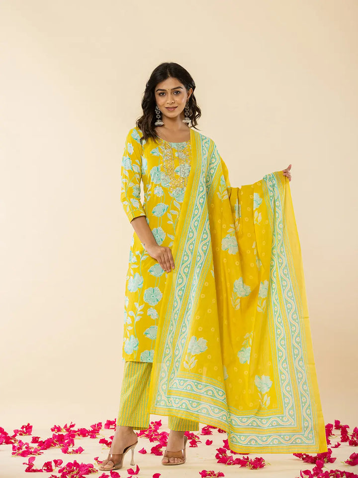 Yellow Cotton Sequins_Work Straight Kurta Dupatta Pant Set