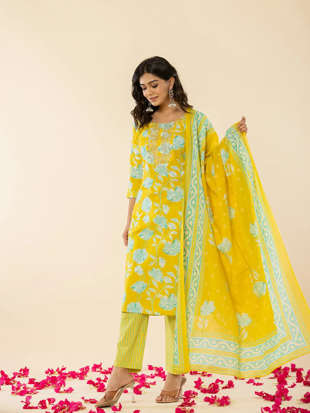 Yellow Cotton Sequins_Work Straight Kurta Dupatta Pant Set