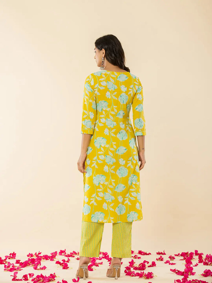 Yellow Cotton Sequins_Work Straight Kurta Dupatta Pant Set