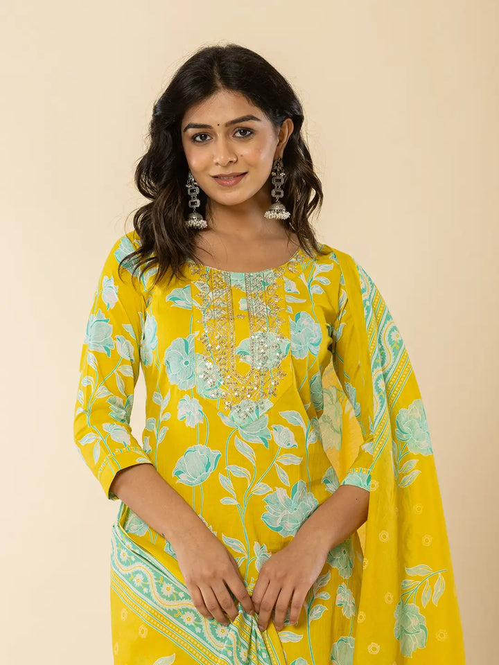 Yellow Cotton Sequins_Work Straight Kurta Dupatta Pant Set