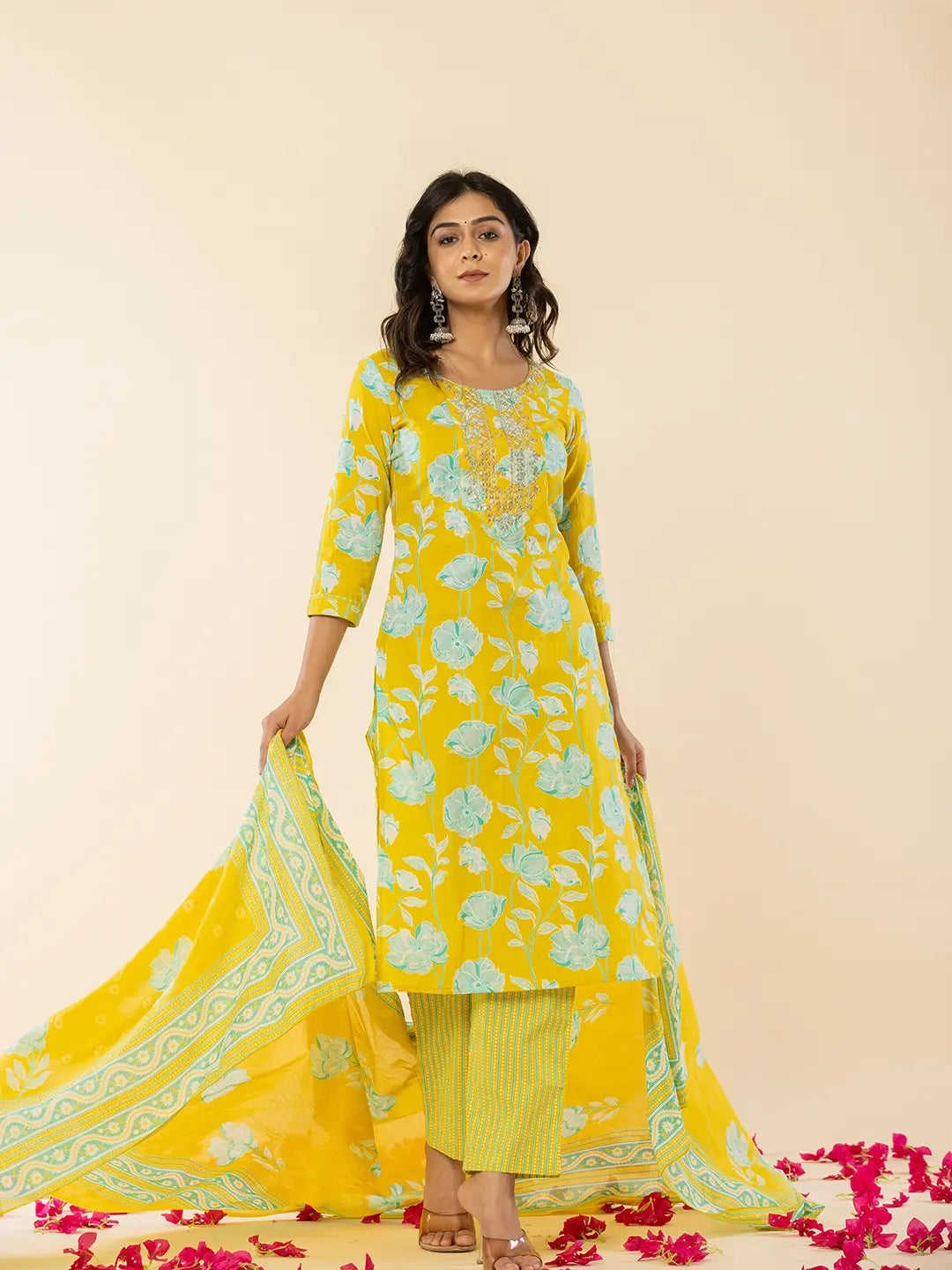 Yellow Cotton Sequins_Work Straight Kurta Dupatta Pant Set