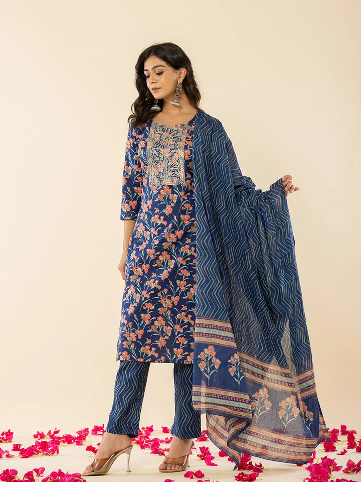 Blue Cotton Dori_Embroidery Straight Kurta Dupatta Pant Set