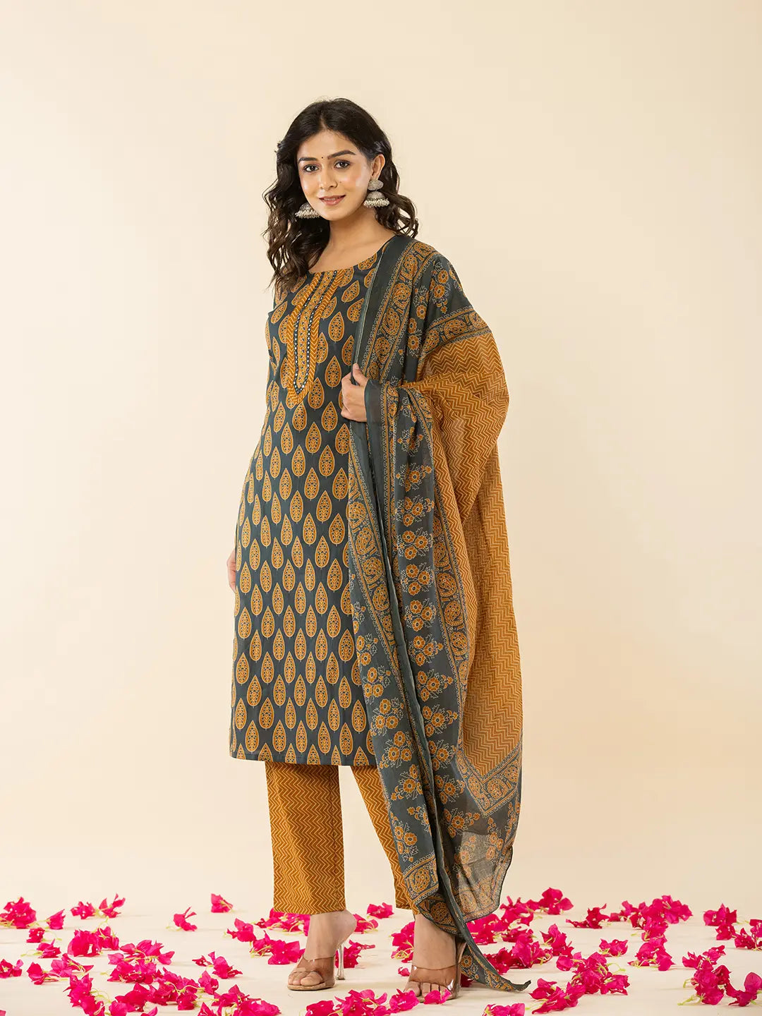 Military Green Cotton Straight Kurta Dupatta Pant Set