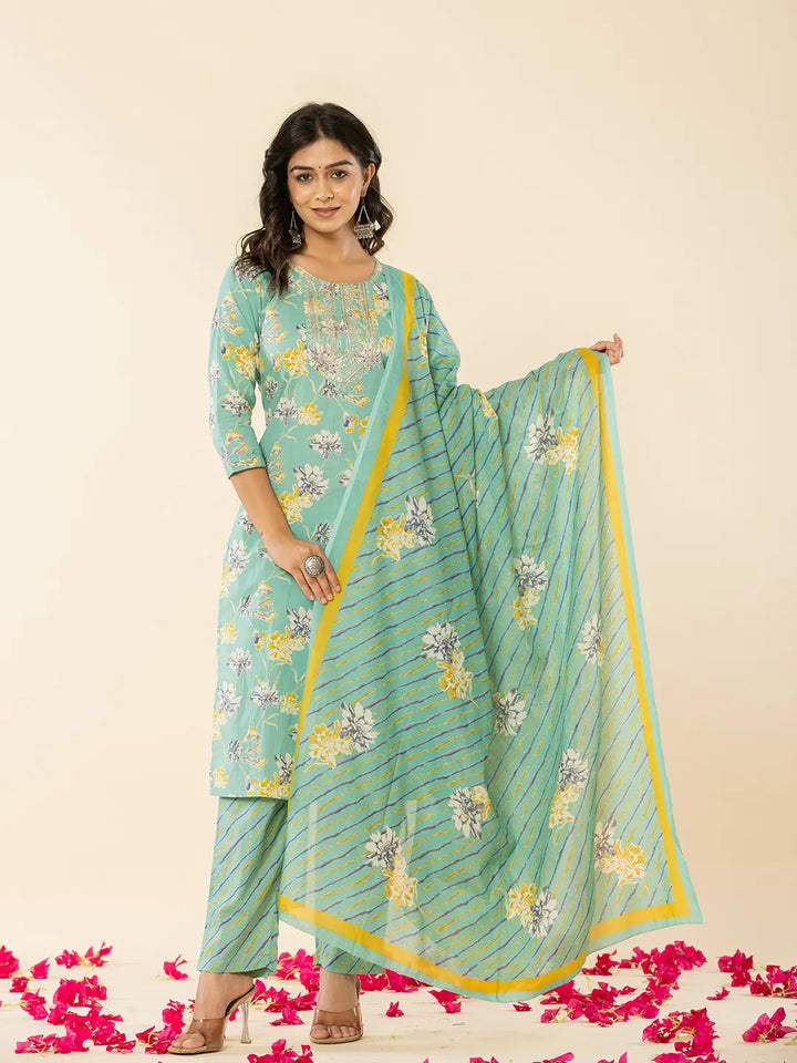 Sea Green Cotton Dori_Embroidery Straight Kurta Dupatta Pant Set