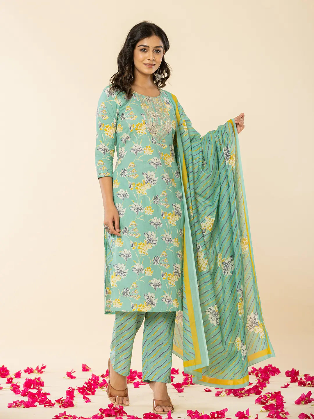 Sea Green Cotton Dori_Embroidery Straight Kurta Dupatta Pant Set