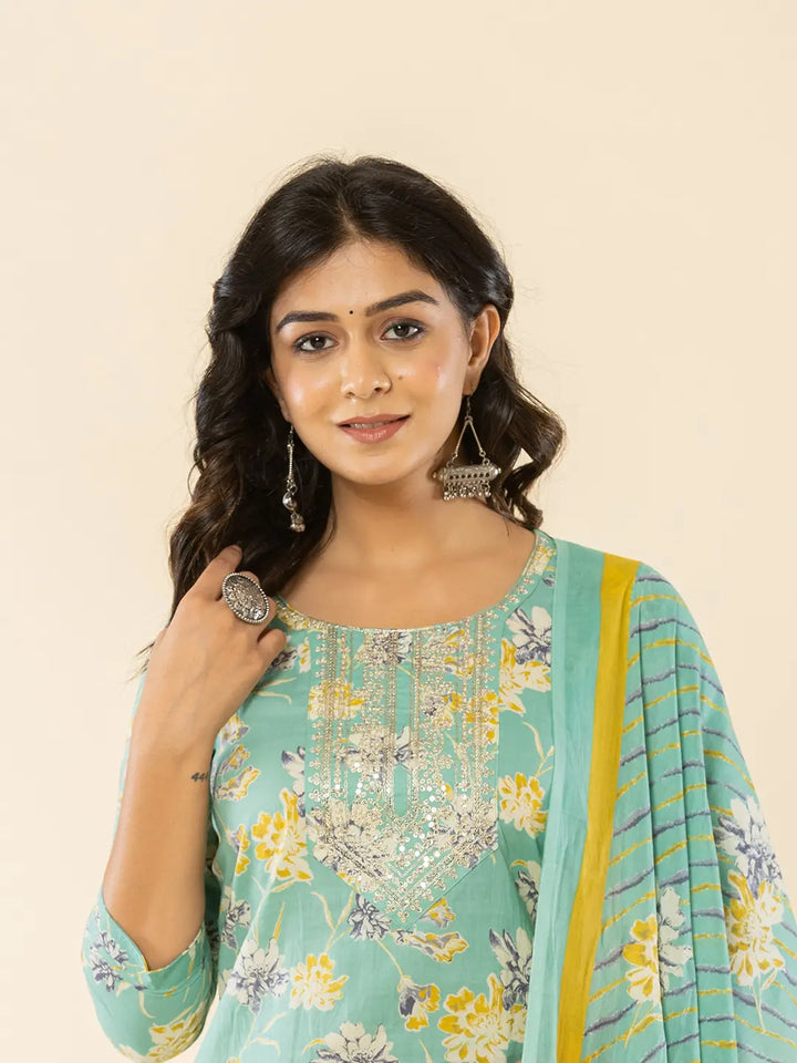 Sea Green Cotton Dori_Embroidery Straight Kurta Dupatta Pant Set