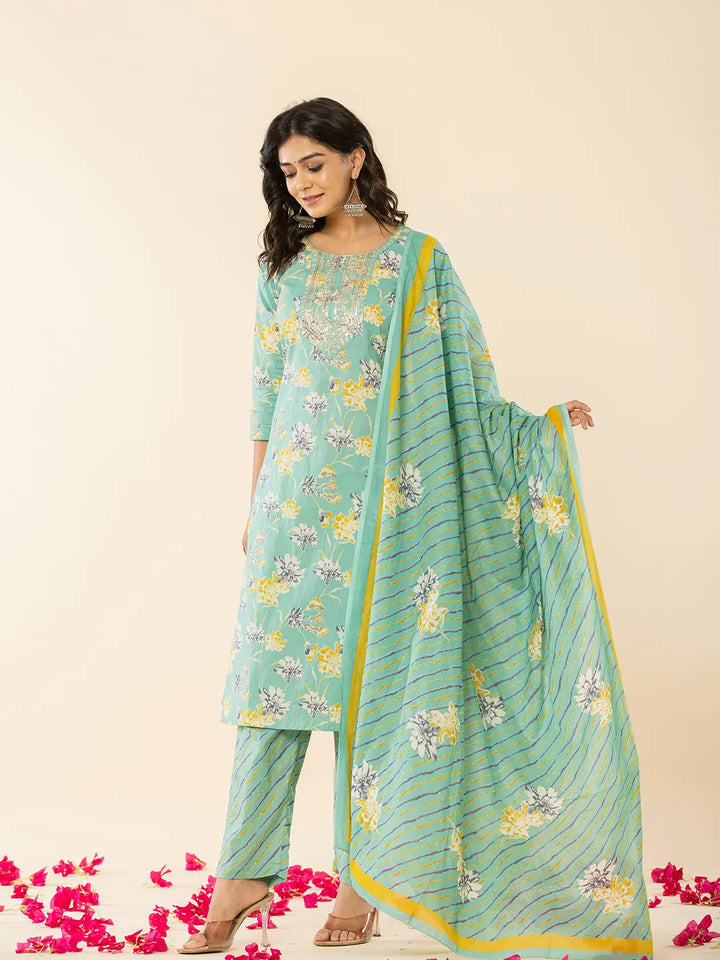 Sea Green Cotton Dori_Embroidery Straight Kurta Dupatta Pant Set