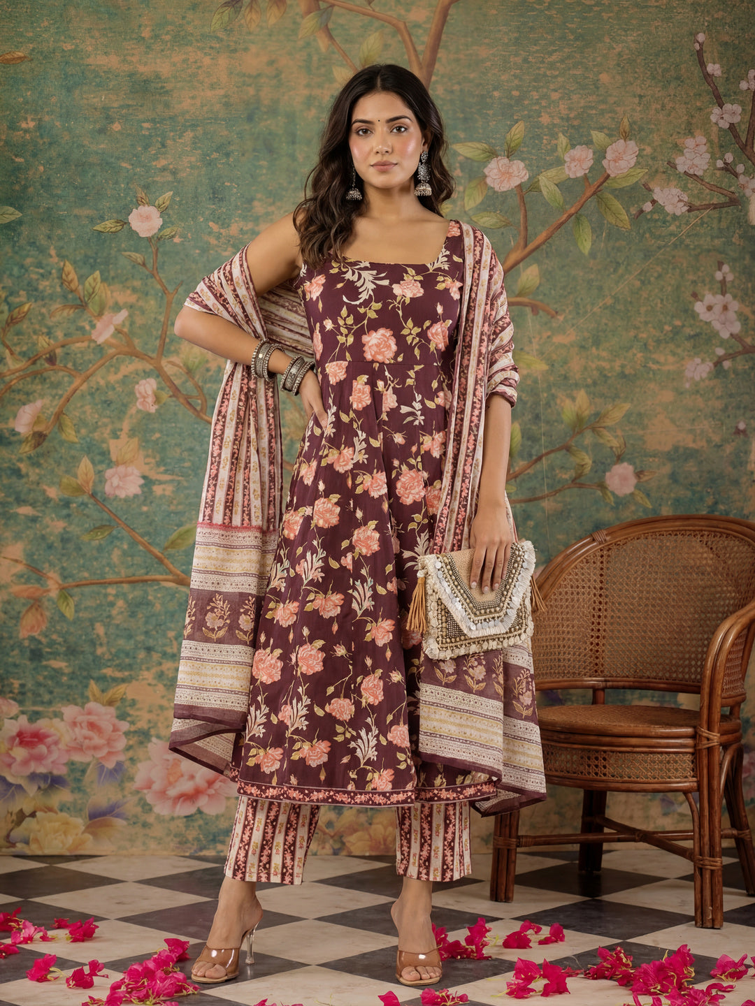 Brown Sleeveless Cotton Kurta With Dupatta Set