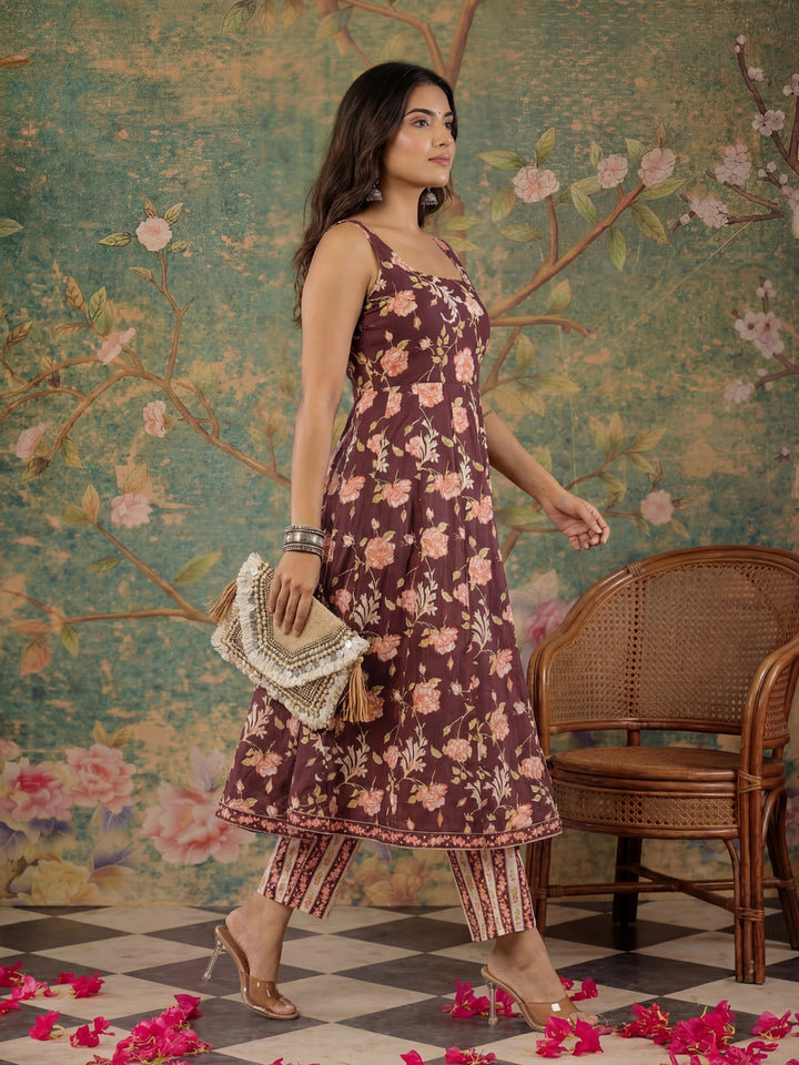 Brown Sleeveless Cotton Kurta With Dupatta Set