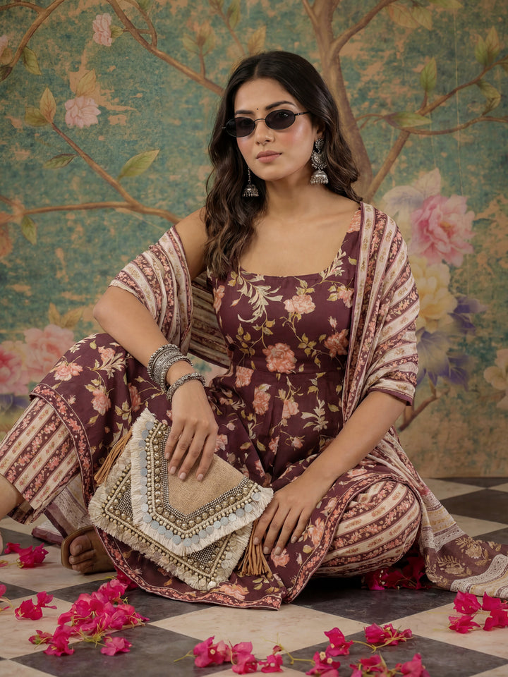 Brown Sleeveless Cotton Kurta With Dupatta Set