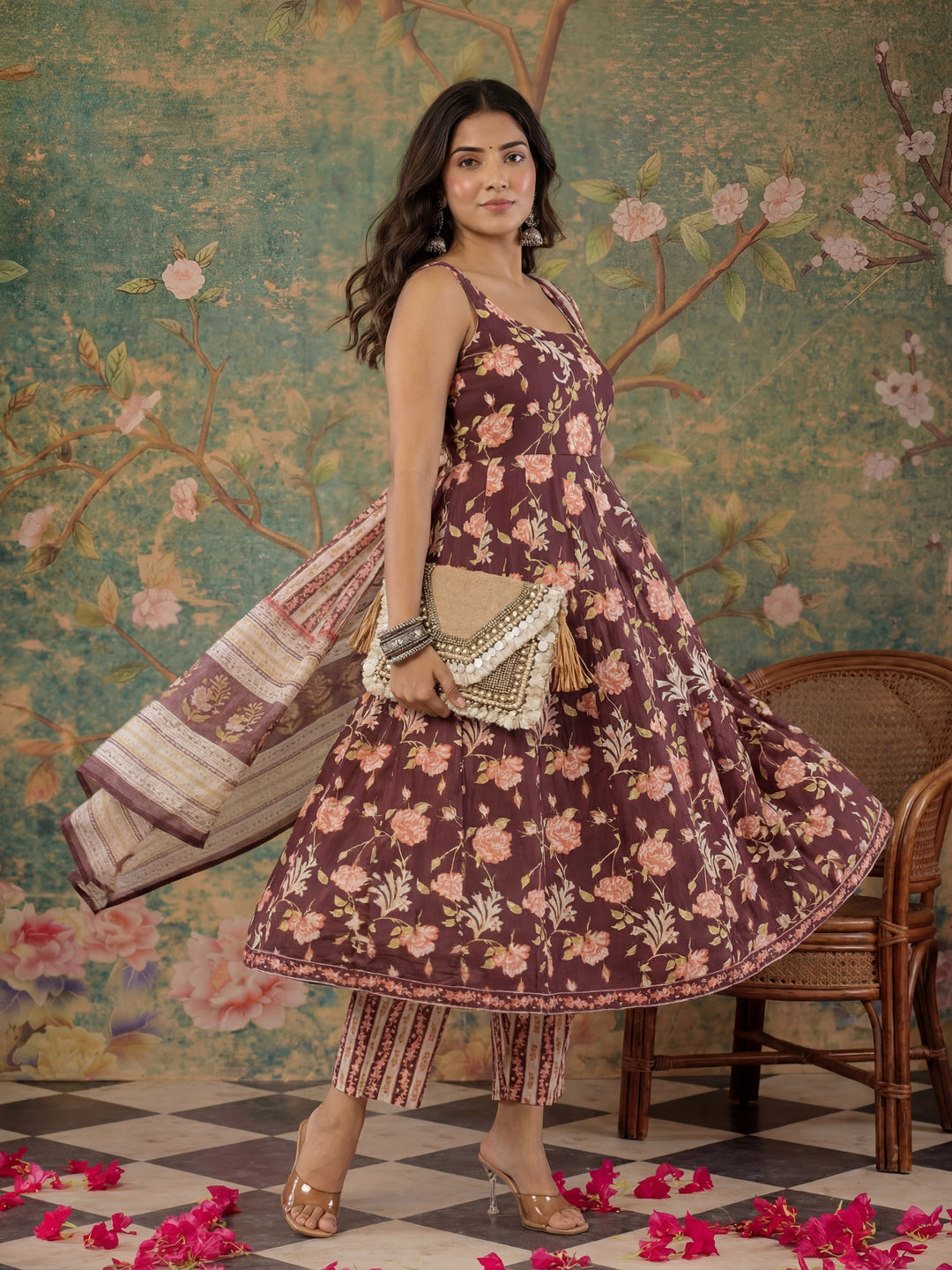 Brown Sleeveless Cotton Kurta With Dupatta Set
