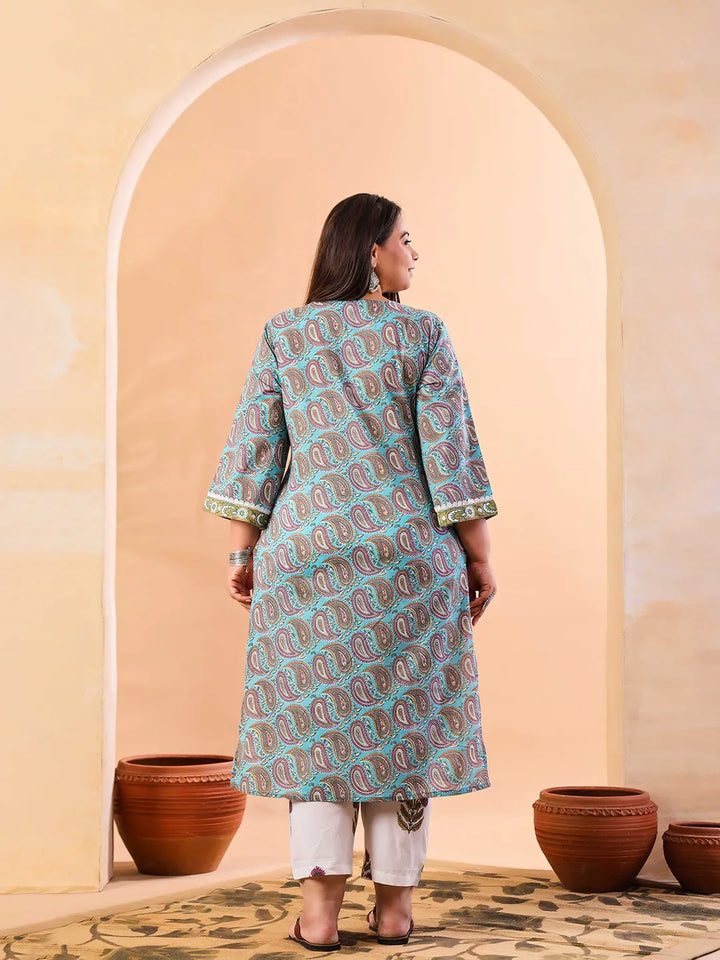 Sky Blue Paisley Cotton Straight Plus Size Kurta White Trouser White Dupatta Set