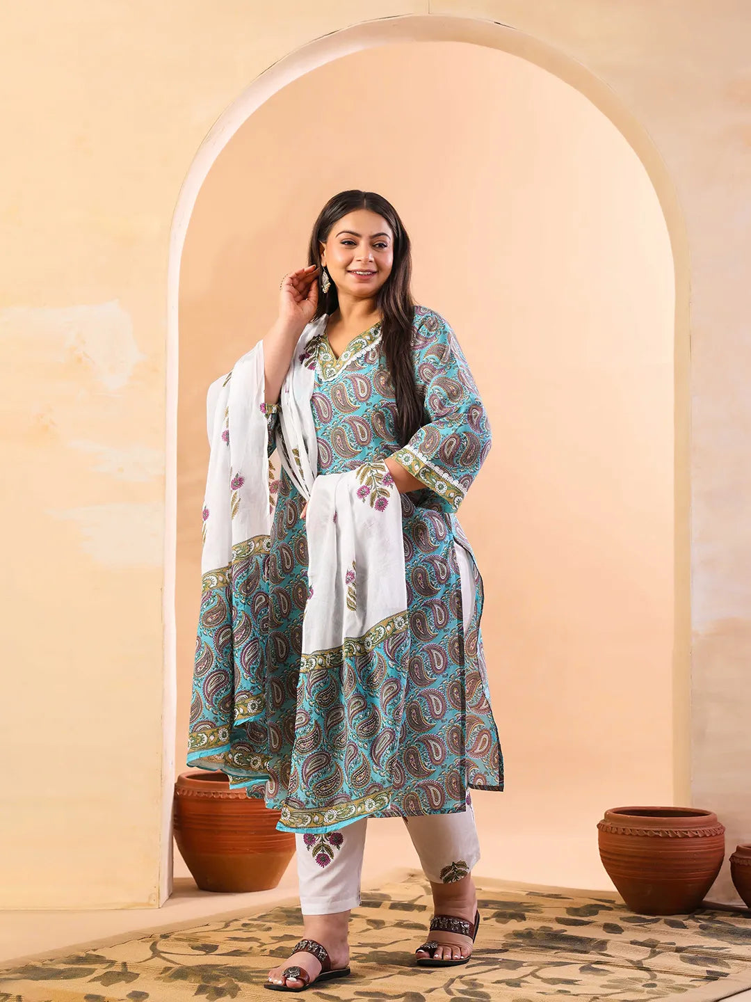Sky Blue Paisley Cotton Straight Plus Size Kurta White Trouser White Dupatta Set