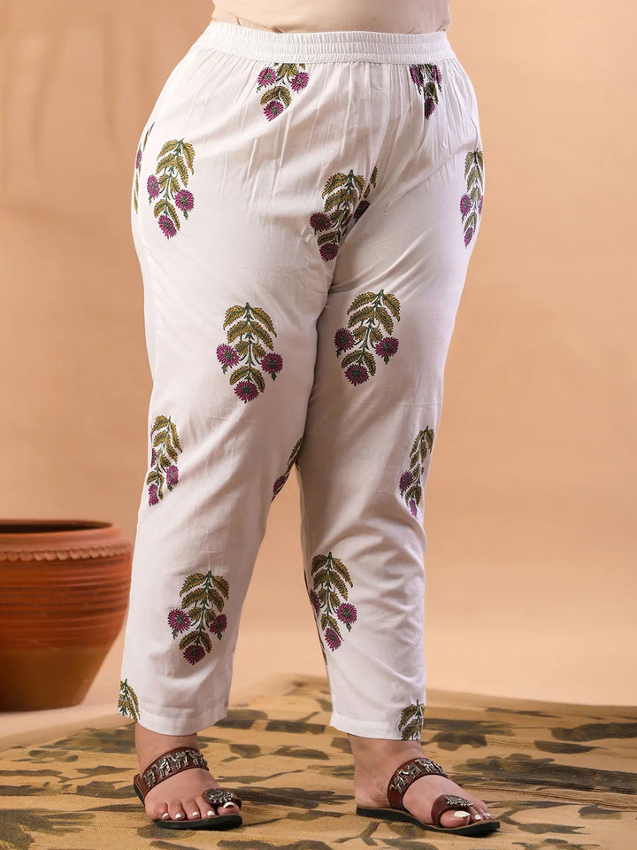 Sky Blue Paisley Cotton Straight Plus Size Kurta White Trouser White Dupatta Set