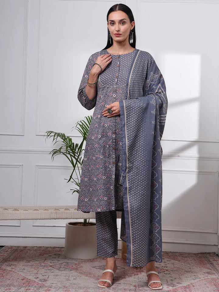 Grey Ethnic Motifs A-Line Kurta Trouser Dupatta Set