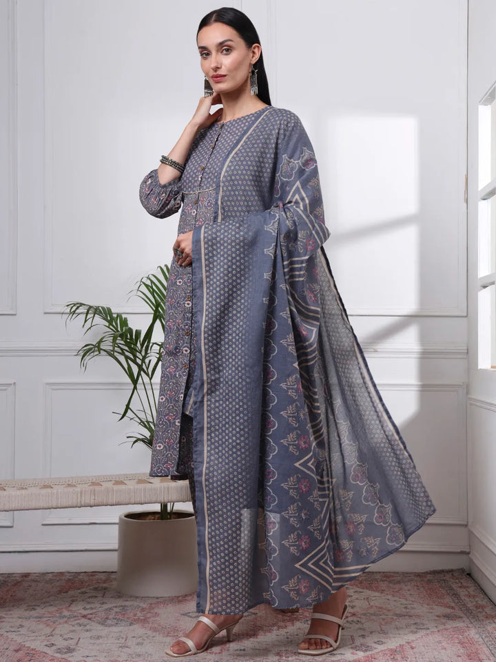 Grey Ethnic Motifs A-Line Kurta Trouser Dupatta Set