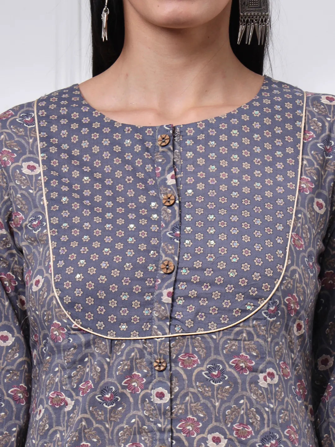 Grey Ethnic Motifs A-Line Kurta Trouser Dupatta Set