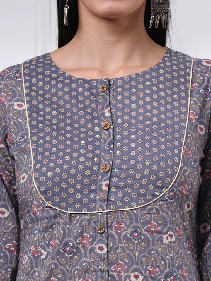 Grey Ethnic Motifs A-Line Kurta Trouser Dupatta Set