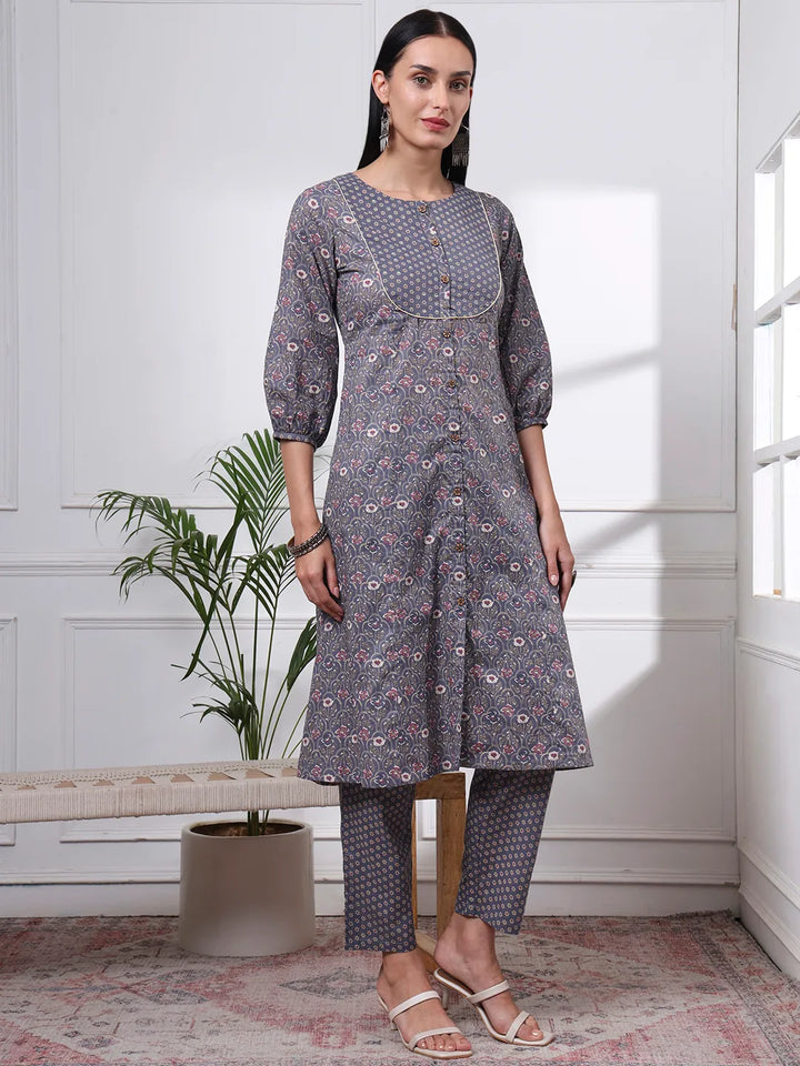 Grey Ethnic Motifs A-Line Kurta Trouser Dupatta Set