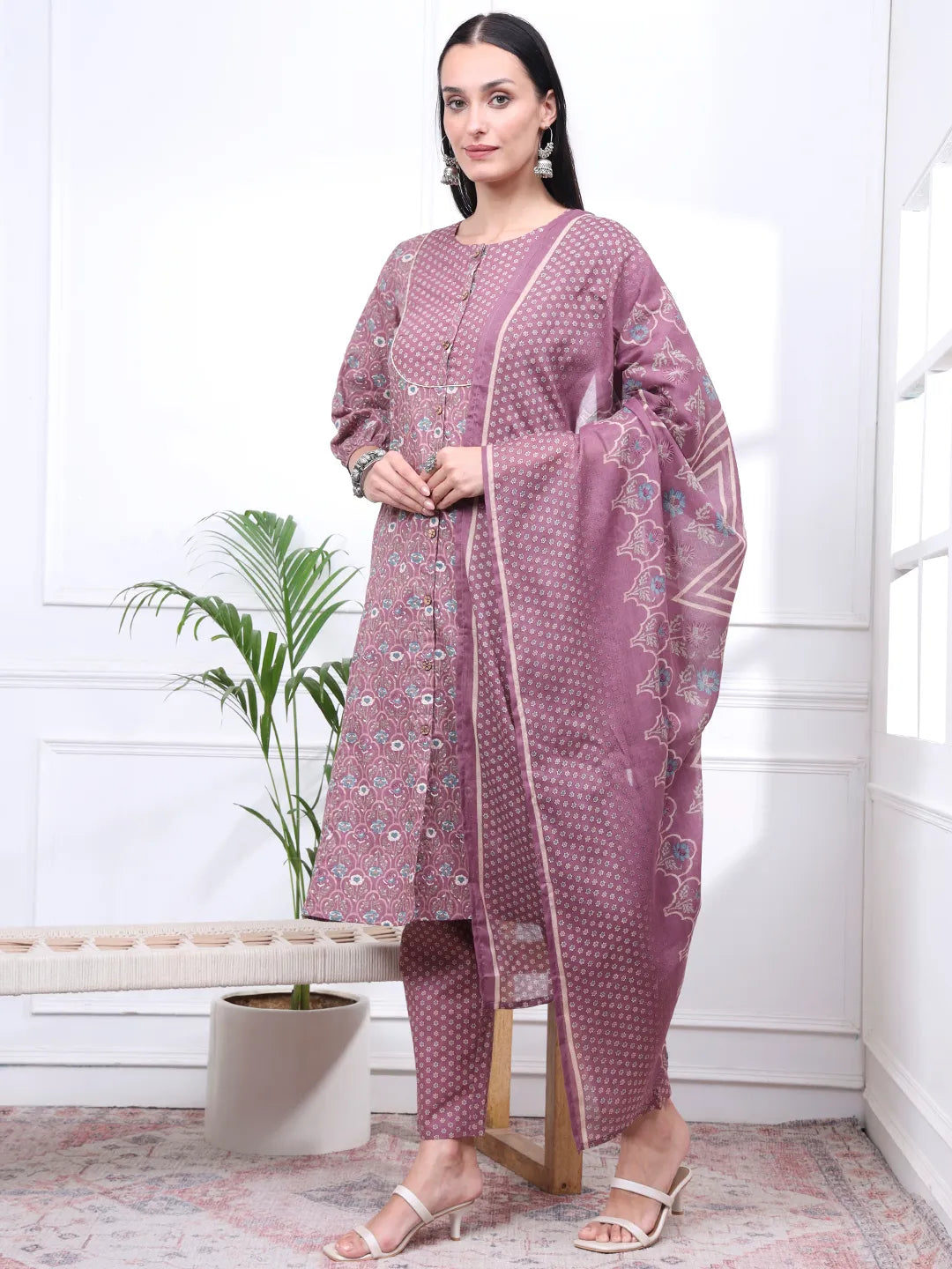 Mauve Ethnic Motifs A-Line Kurta Trouser Dupatta Set
