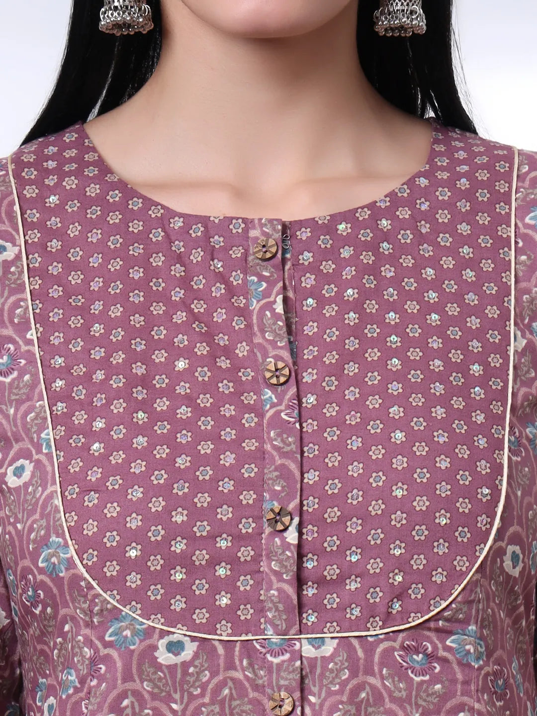 Mauve Ethnic Motifs A-Line Kurta Trouser Dupatta Set