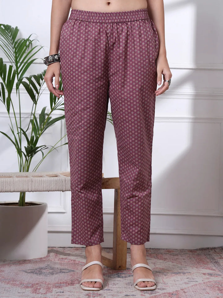 Mauve Ethnic Motifs A-Line Kurta Trouser Dupatta Set