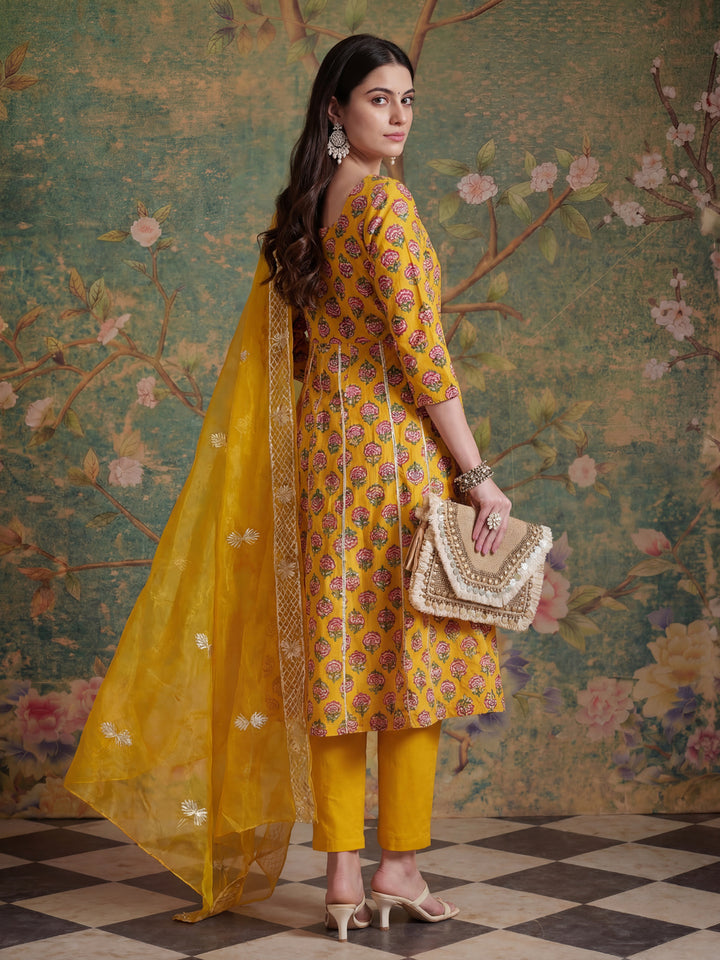 Mustard Cotton Gotta Work Kurta Set With Pant Dupatta