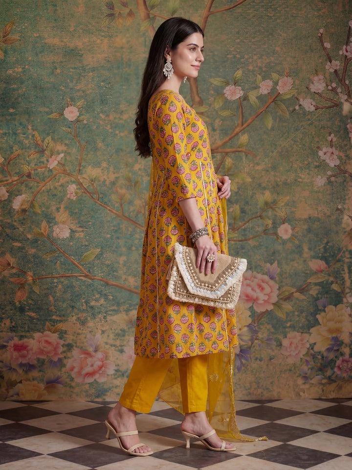 Mustard Cotton Gotta Work Kurta Set With Pant Dupatta