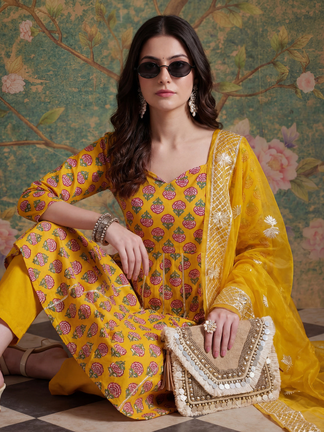 Mustard Cotton Gotta Work Kurta Set With Pant Dupatta