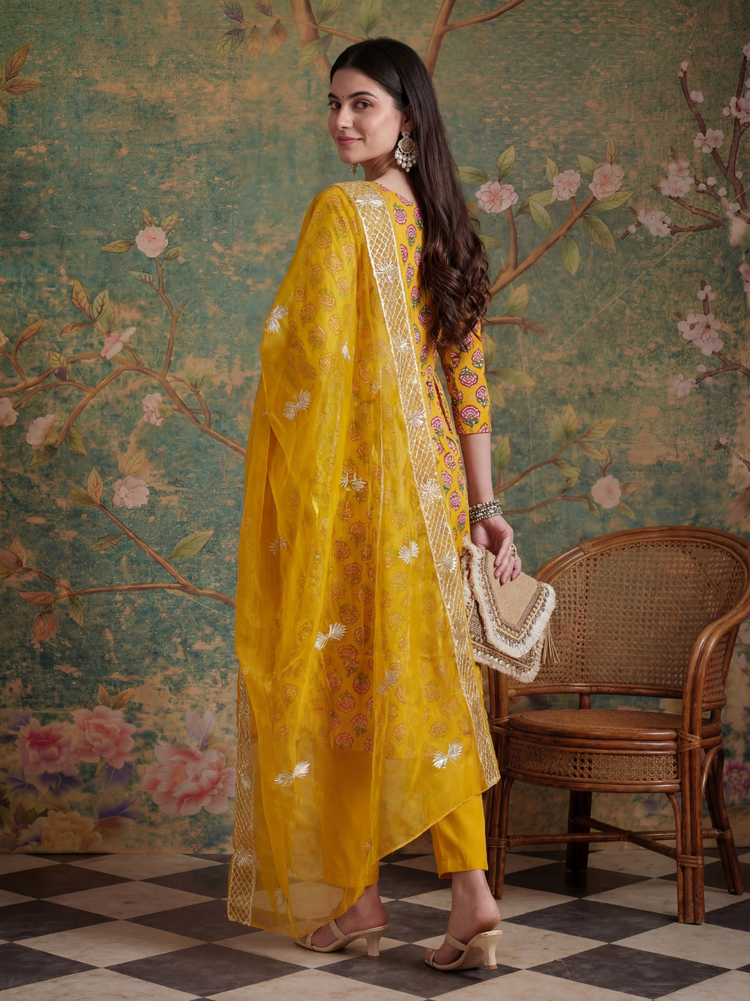 Mustard Cotton Gotta Work Kurta Set With Pant Dupatta