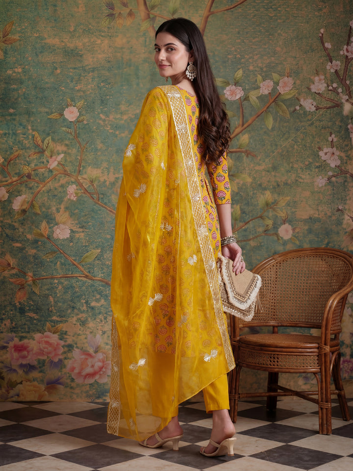 Mustard Cotton Gotta Work Kurta Set With Pant Dupatta