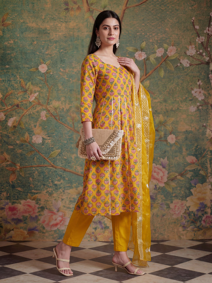 Mustard Cotton Gotta Work Kurta Set With Pant Dupatta