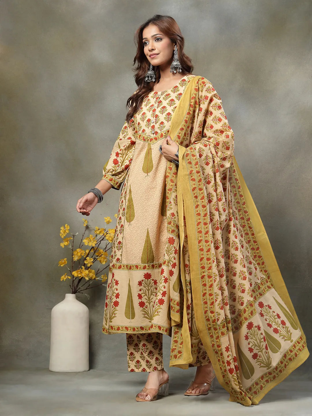 Green And Peach Floral Print Cotton A-Line Kurta And Trouser With Dupatta Set