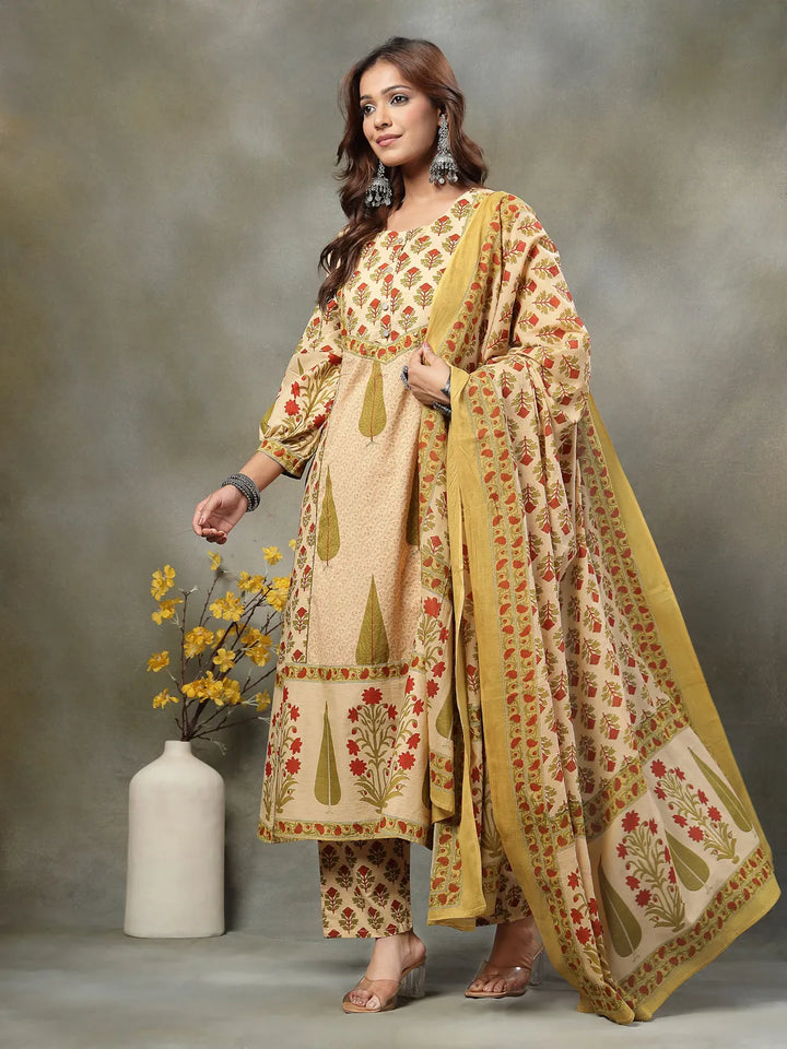Green And Peach Floral Print Cotton A-Line Kurta And Trouser With Dupatta Set
