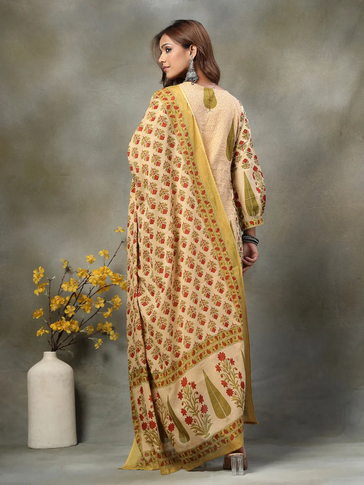 Green And Peach Floral Print Cotton A-Line Kurta And Trouser With Dupatta Set