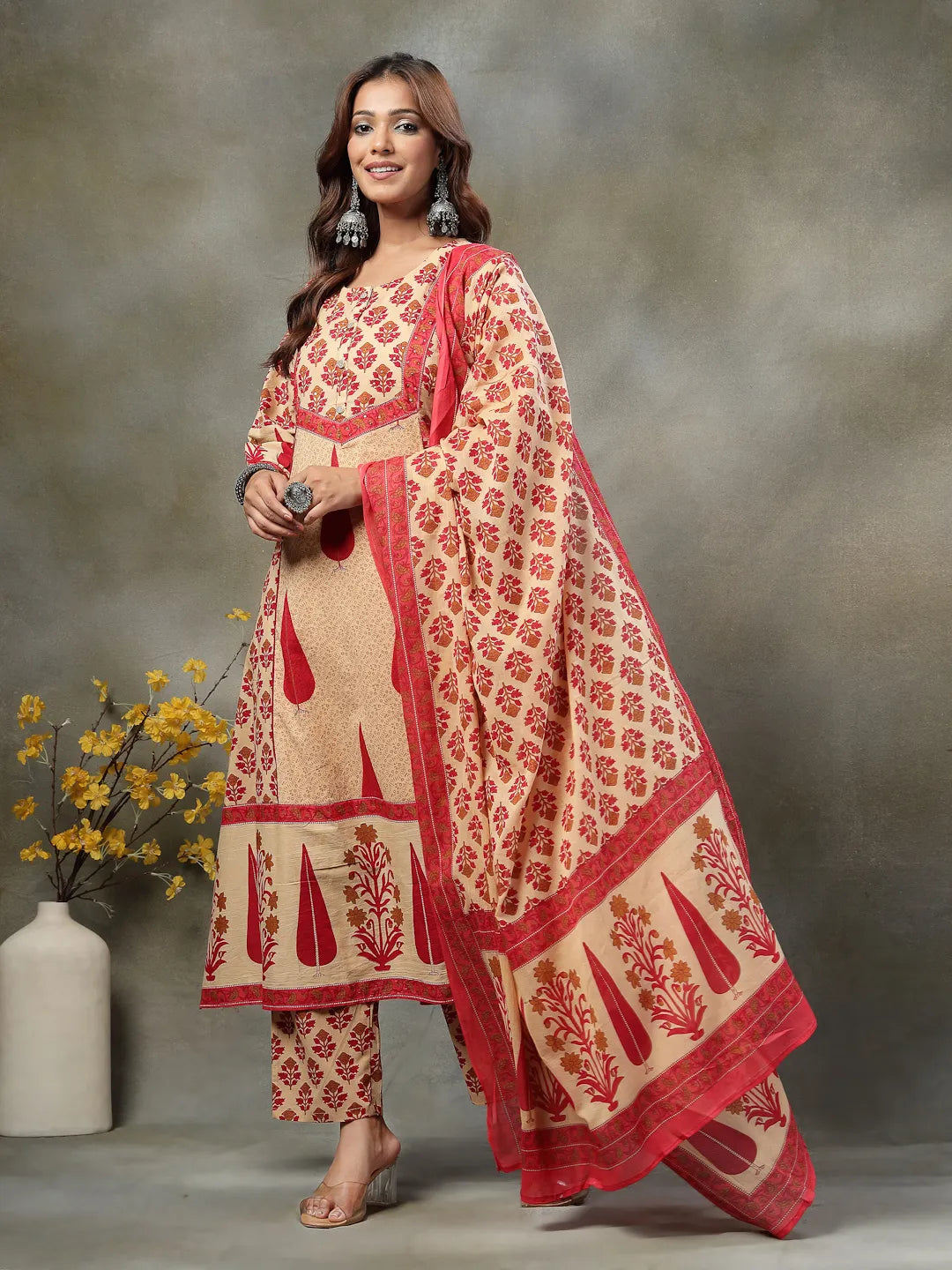 Red And Peach Floral Print Cotton A-Line Kurta And Trouser With Dupatta Set