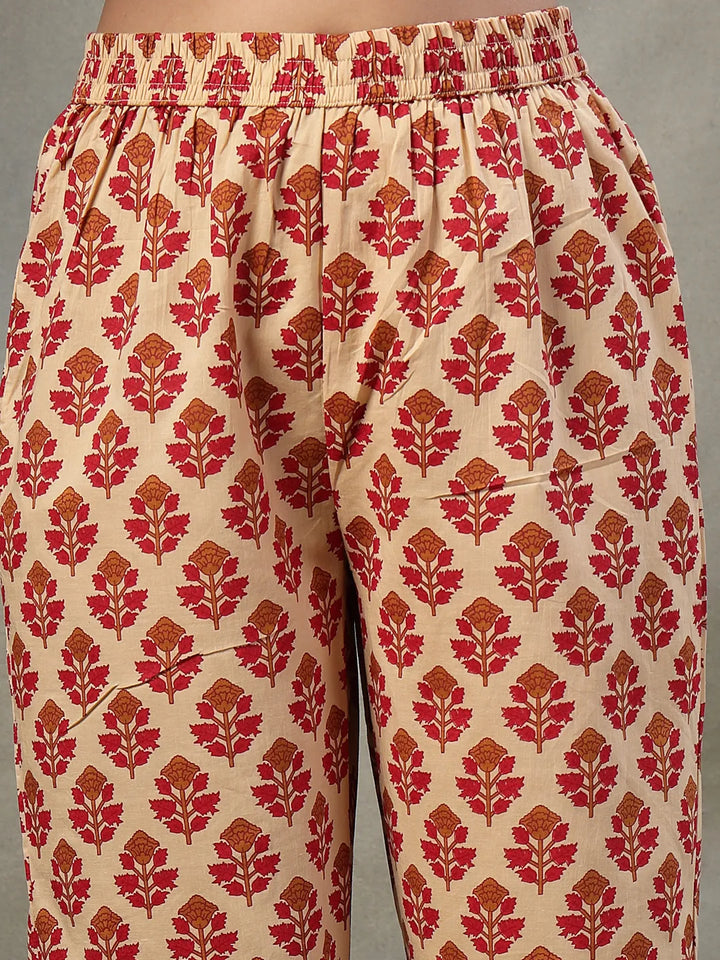 Red And Peach Floral Print Cotton A-Line Kurta And Trouser With Dupatta Set