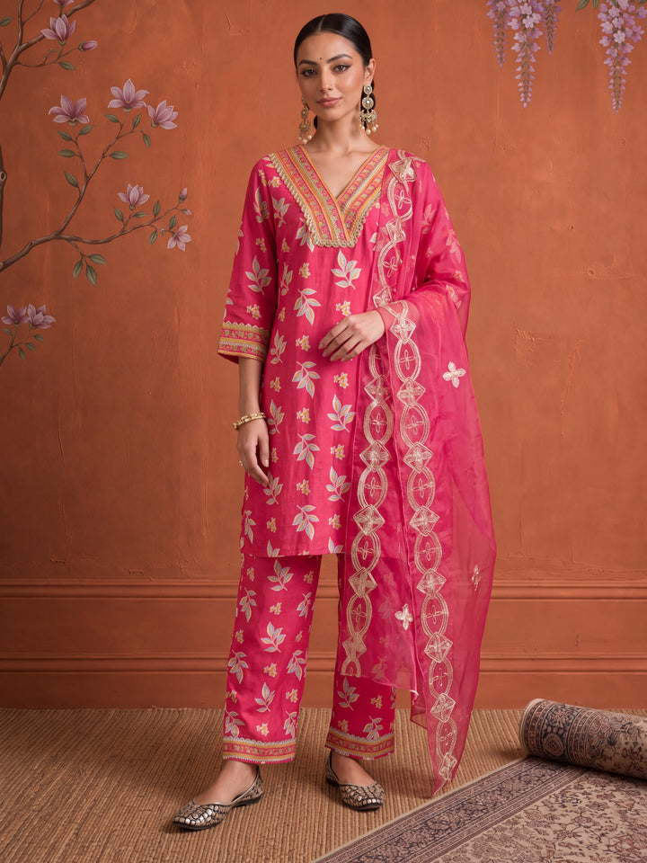 Pink Cotton Lace Work Kurta Set With Pant Dupatta