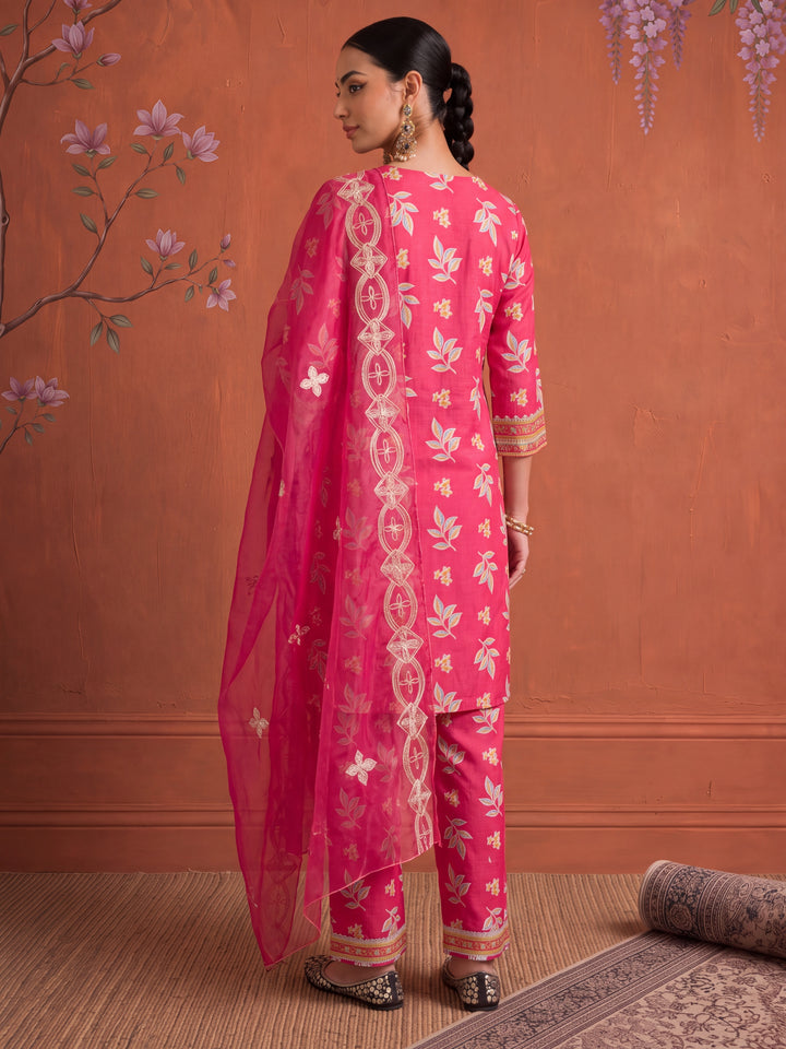 Pink Cotton Lace Work Kurta Set With Pant Dupatta