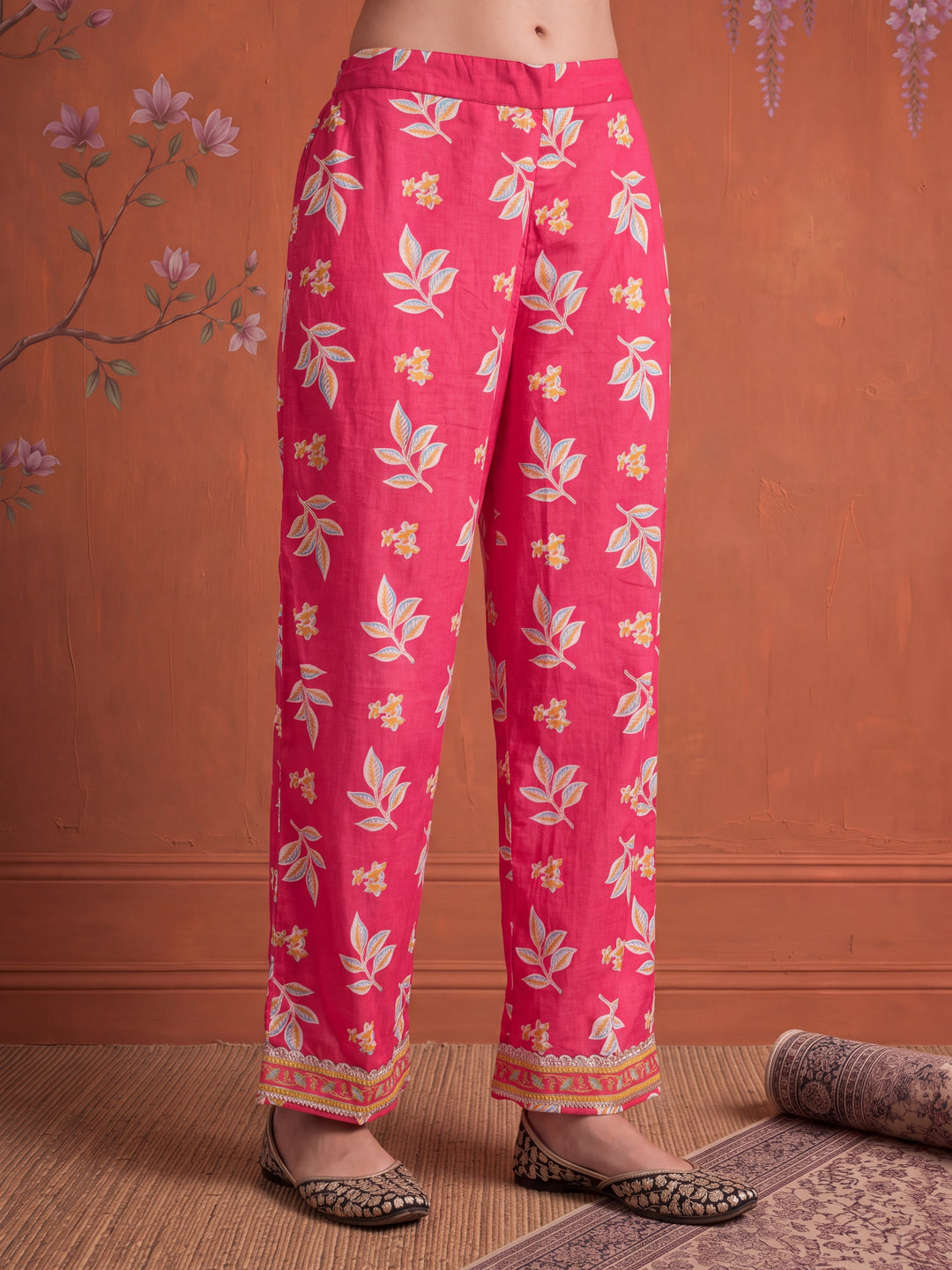Pink Cotton Lace Work Kurta Set With Pant Dupatta