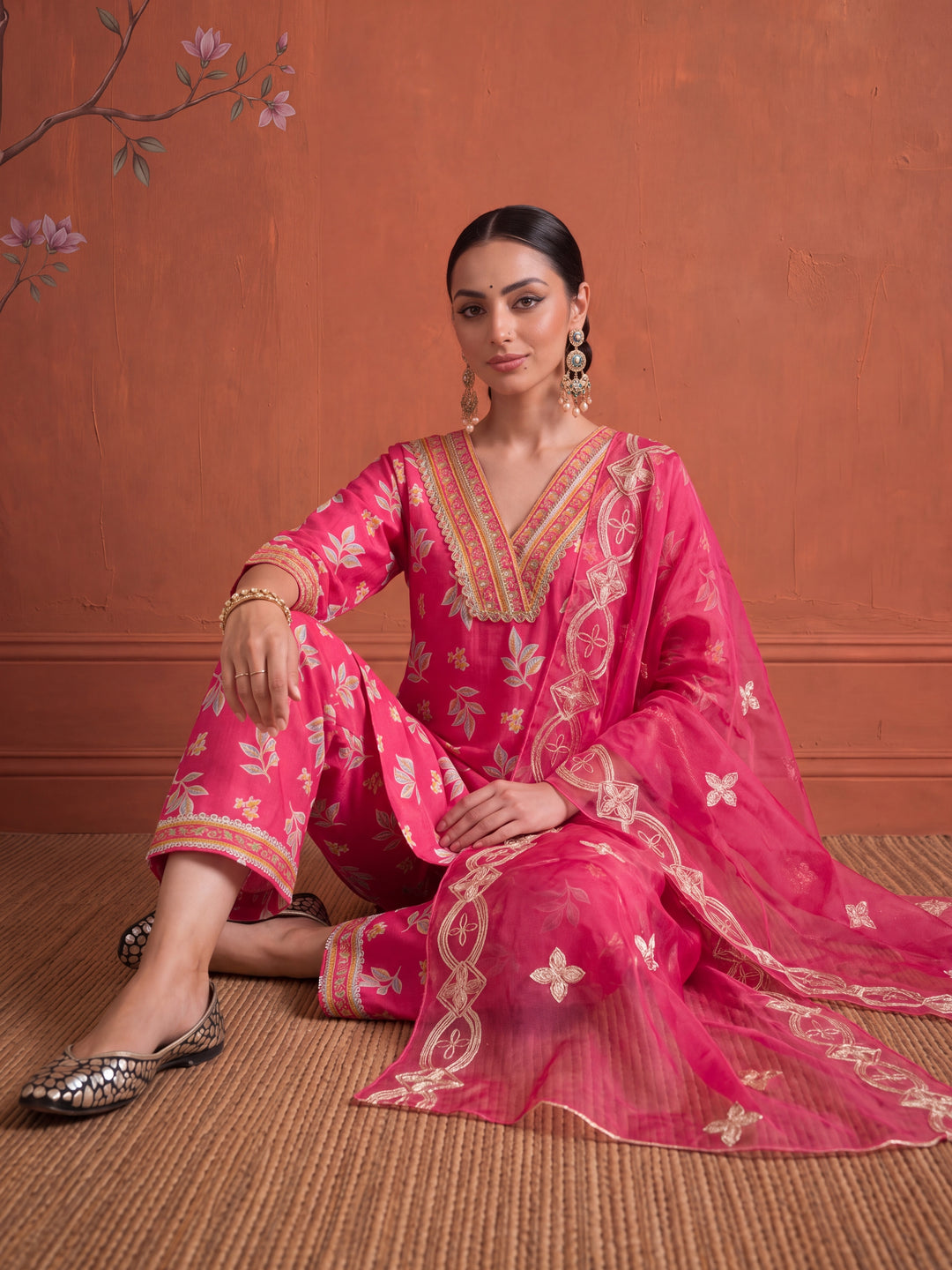 Pink Cotton Lace Work Kurta Set With Pant Dupatta