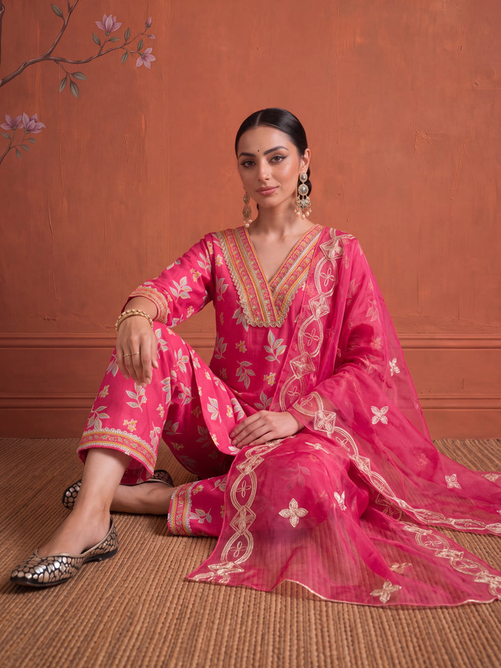 Pink Cotton Lace Work Kurta Set With Pant Dupatta